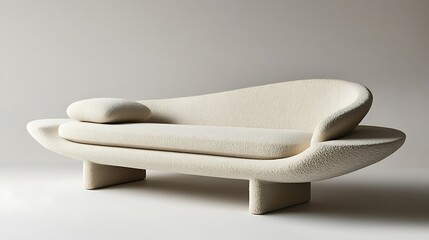 Modern sofa with a low, minimalist profile and soft, neutral-colored upholstery 