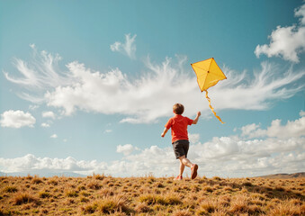 Boy Flying Kite on Sunny Summer Day