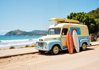 Surf Van on Beach Road with Surfboards