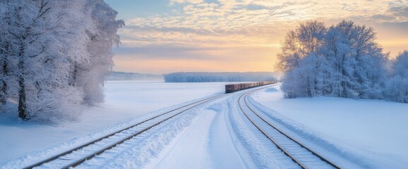 A serene winter landscape showcases a curved railway track surrounded by snow-covered trees and fields. The soft glow of sunset casts hues over the pristine snow, creating a tranquil vibe