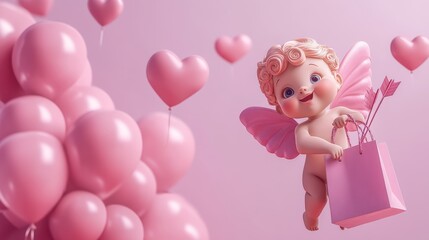 Obraz premium Cute Cupid Holding a Shopping Bag and Arrow Surrounded by Pink Balloons on a Pink Background