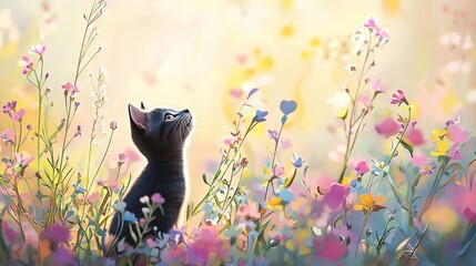   A feline perched in the center of a meadow of blossoms, gazing heavenward with a quizzical expression