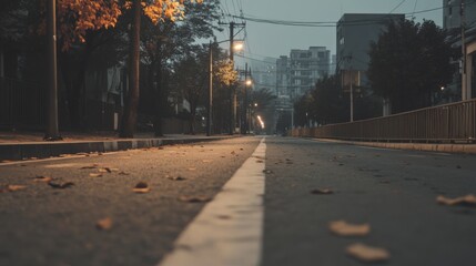 Empty city street at dusk, autumn leaves on asphalt, streetlights.