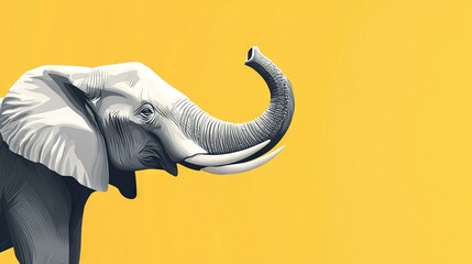 Fototapeta premium An elephant with tusks standing in front of an orange-yellow background, with a yellow background and a black-white picture of an elephant with tusks