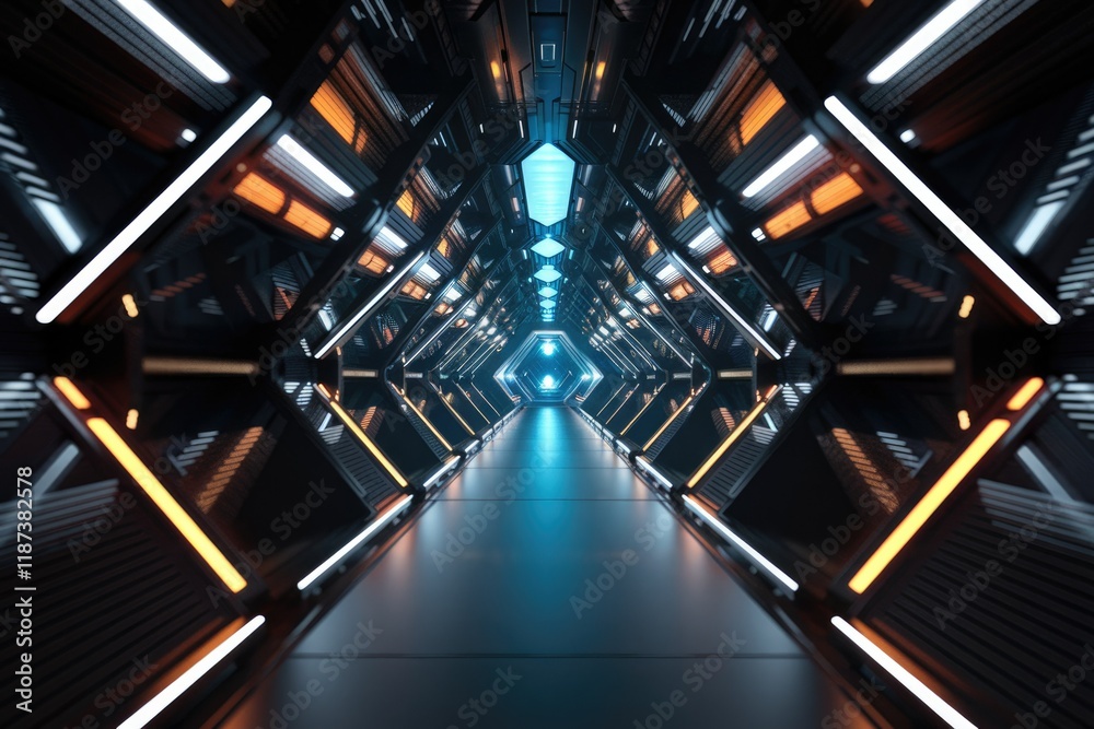 Poster futuristic spaceship corridor with vibrant orange and blue neon lights, creating a sleek and technol