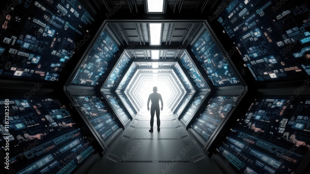 Poster a lone figure stands in a futuristic spaceship corridor, surrounded by glowing digital displays.