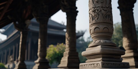 Fototapeta premium A close-up view of an intricately carved pillar showcasing detailed craftsmanship, set against the backdrop of a grand architectural structure, emphasizing cultural heritage.