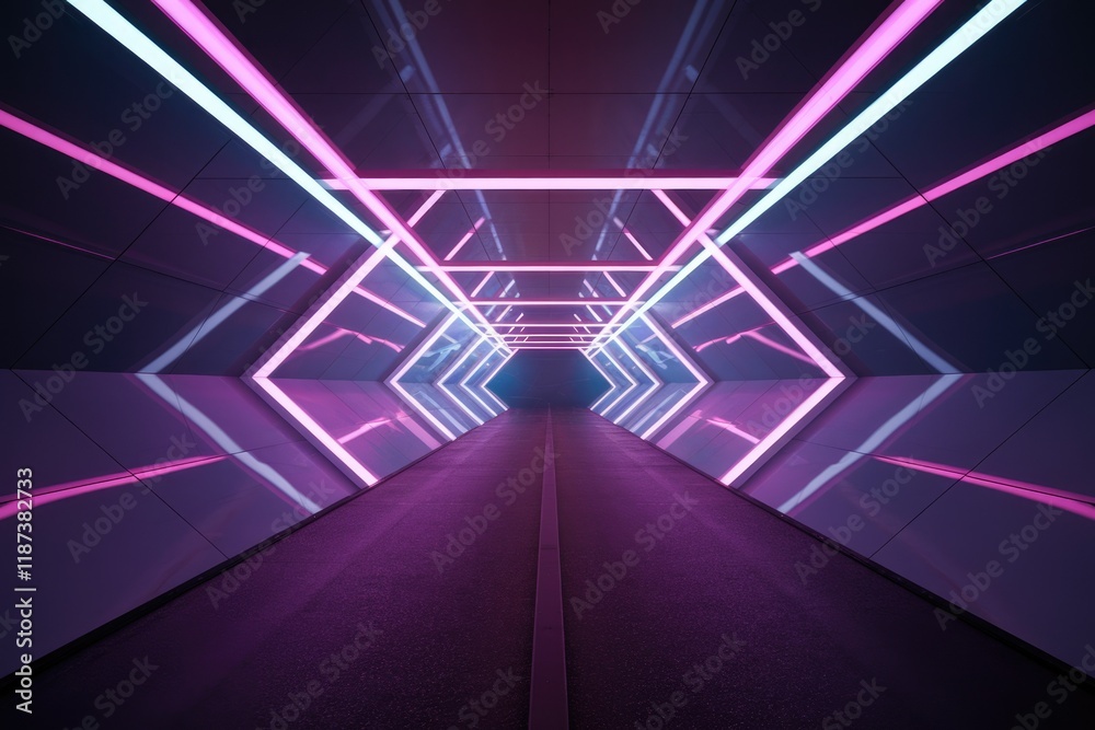 Poster neon-lit futuristic tunnel with pink and blue glowing lines, creating a vibrant and immersive atmosp