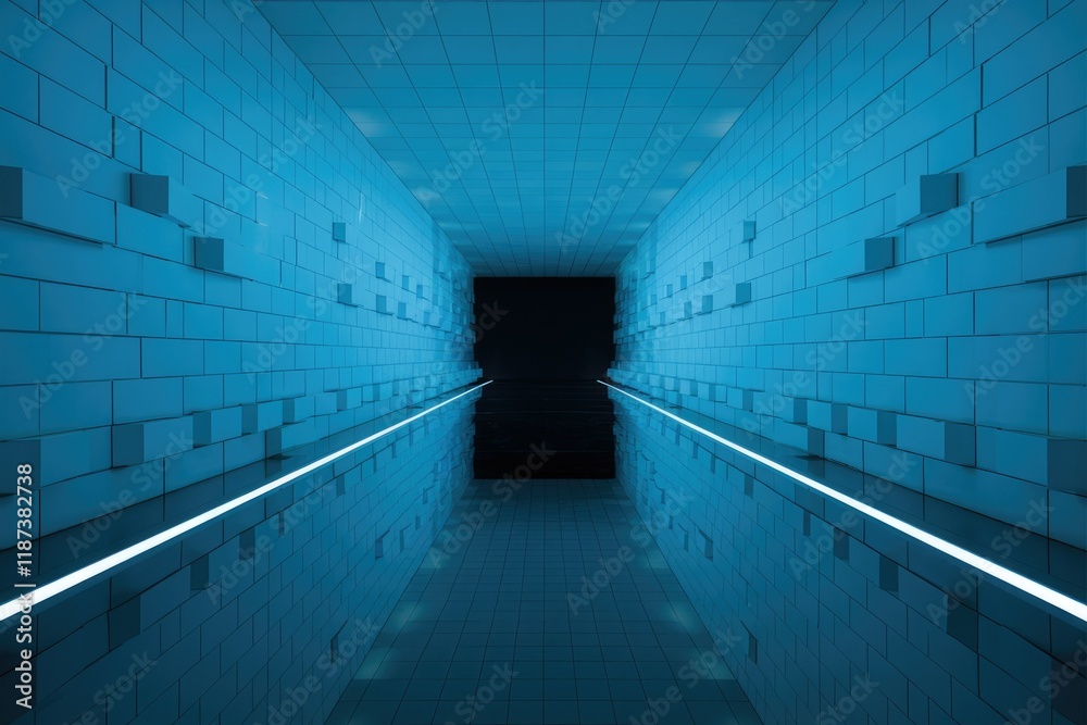 Poster a futuristic, blue-lit tunnel with reflective walls and neon lines, creating a symmetrical and immer