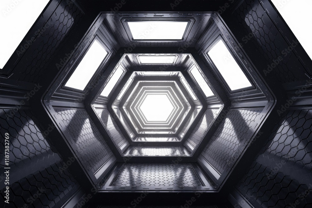 Poster Futuristic hexagonal corridor with bright lights at the end, creating an abstract, otherworldly atmosphere.