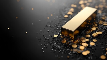 A shiny gold bar rests atop scattered gold coins on a dark surface, creating a luxurious and opulent visual.