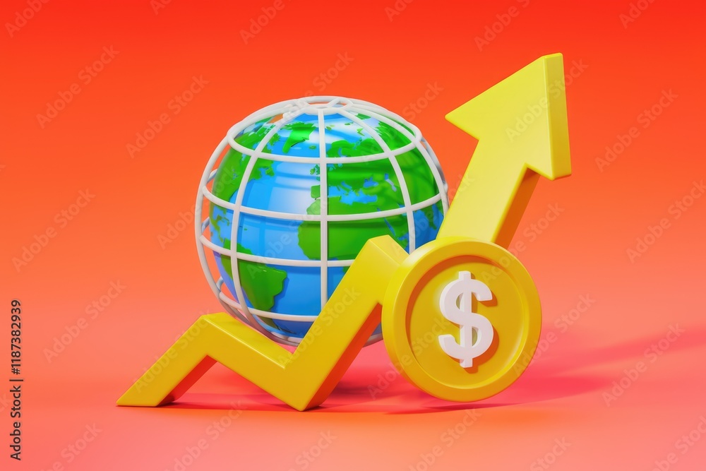 Poster Global economic growth visualized with an upward trending arrow and a globe, symbolizing rising global finance.