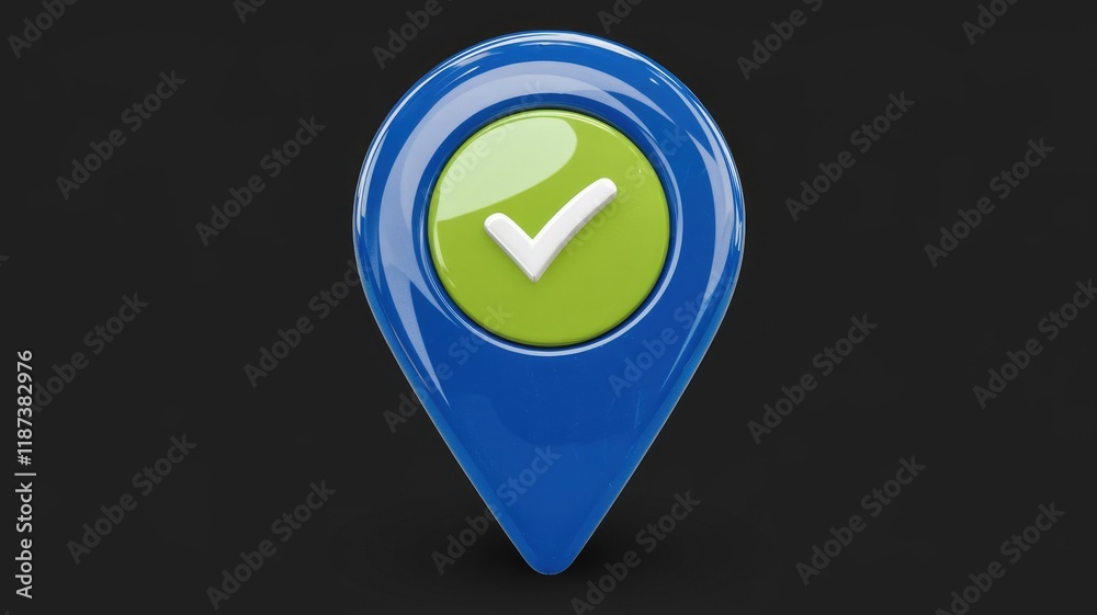 Fototapete a blue map pin with a green checkmark inside, signifying location confirmation or successful task co