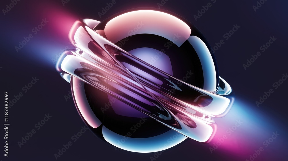 Aufkleber Abstract 3D rendering of a glossy sphere with neon light effects, showcasing smooth curves and vibrant colors.