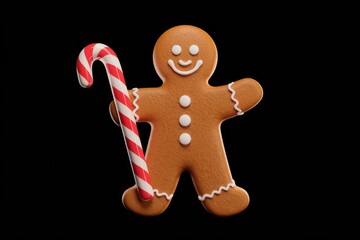 Fototapeta premium A cheerful gingerbread man holds a candy cane, festive Christmas treat.