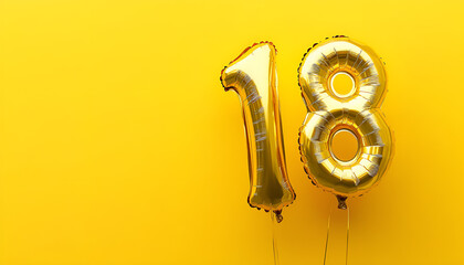 18th birthday, coming of age party. Number shaped balloons on orange background, space for text