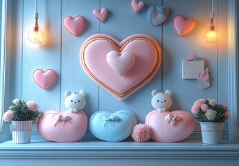 Colorful Shelf with Pink and Blue Hearts and Adorable Stuffed Animals


