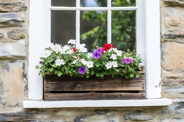 Fototapeta premium Rustic window box flowers, stone house, garden view, home decor