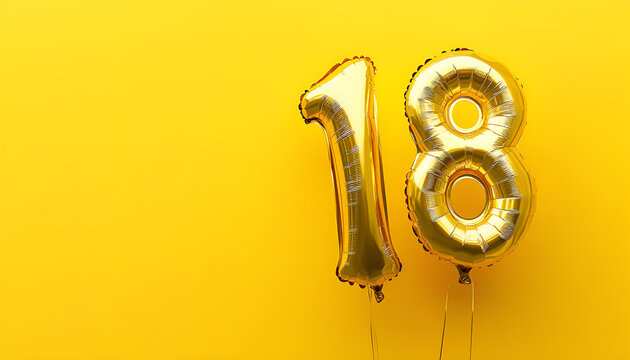 18th birthday, coming of age party. Number shaped balloons on orange background, space for text