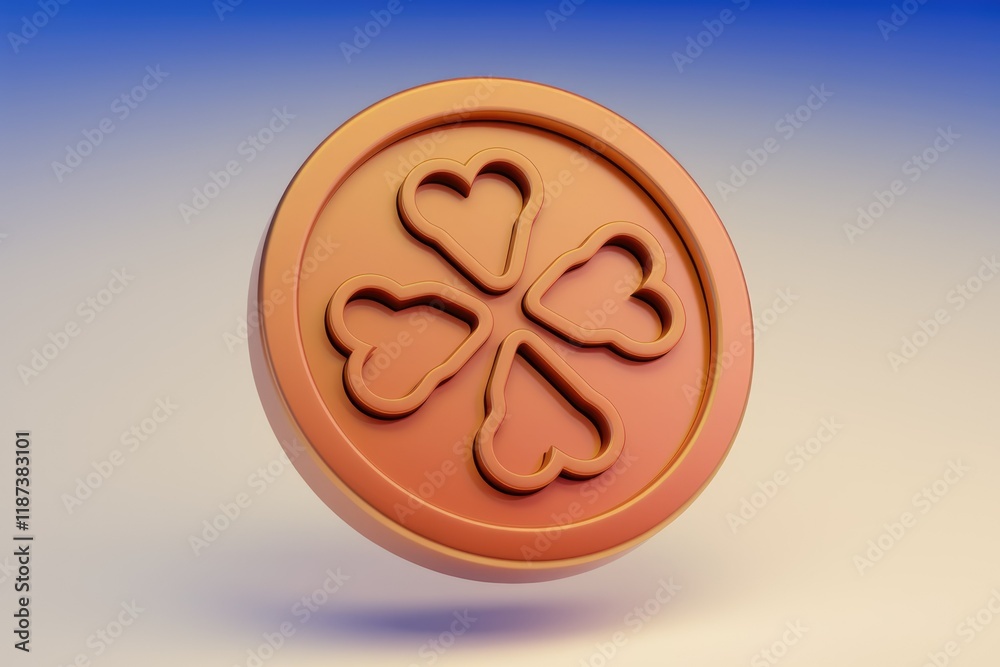 Poster a 3d rendering of a four-leaf clover symbol, orange, round, and embossed.