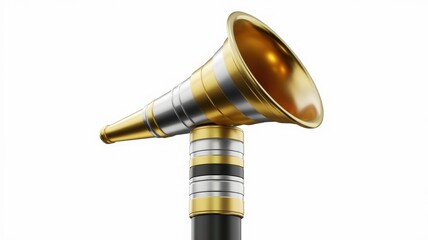 A golden and silver megaphone on a stand, symbolizing announcements and communication.