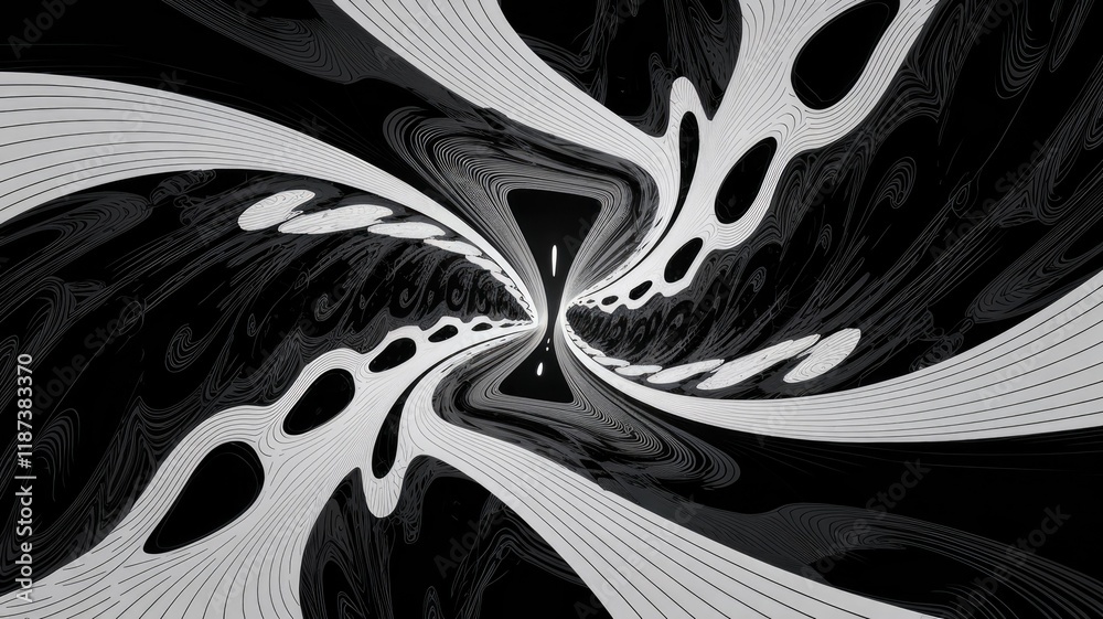 Poster abstract grayscale artwork depicting a swirling, tunnel-like structure with organic shapes.