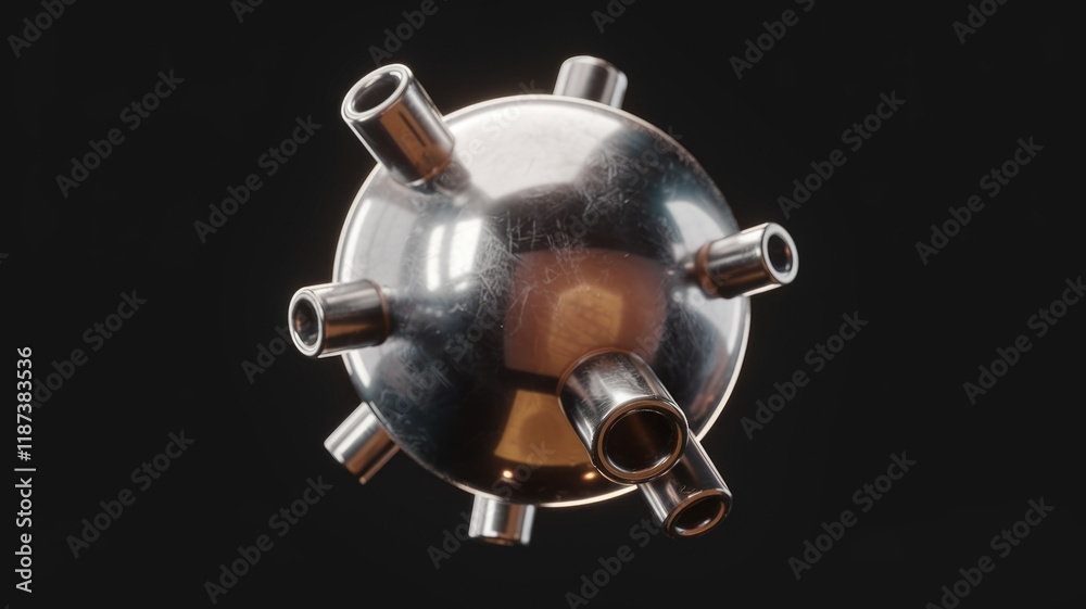Poster A metallic sphere with multiple cylindrical protrusions, resembling a naval mine or futuristic device.