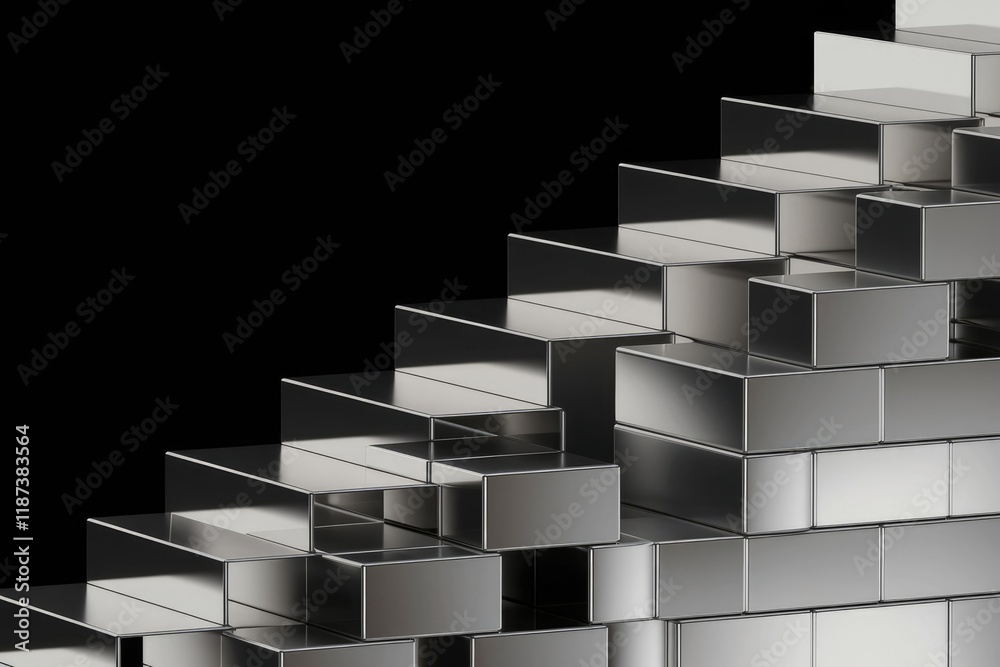 Poster Abstract 3D rendering of a metallic staircase structure, composed of sleek, reflective blocks.