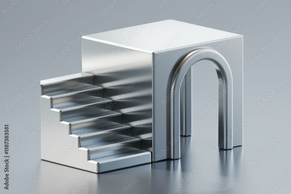 Poster a minimalist 3d rendering of a metallic staircase leading to an arched doorway, symbolizing progress