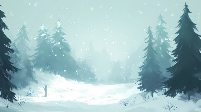 Snowy landscape with frozen trees in a blizzard, snowstorm, blustery conditions, snowy forest views. Snowbound. Illustration