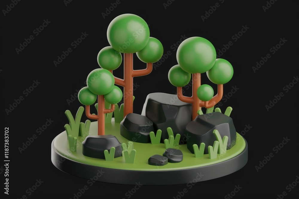Poster Cartoonish 3D rendering of a miniature forest scene with green trees and rocks on a green base.