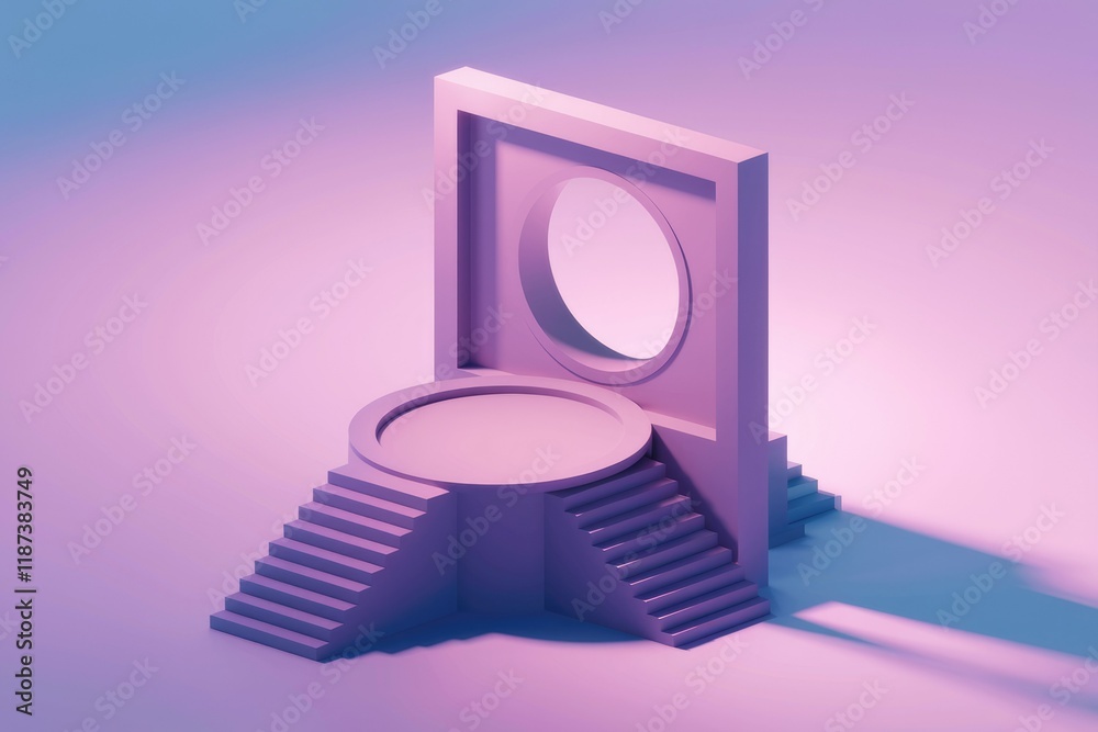 Poster Minimalist 3D render of a purple platform with stairs and a circular portal, bathed in soft light.