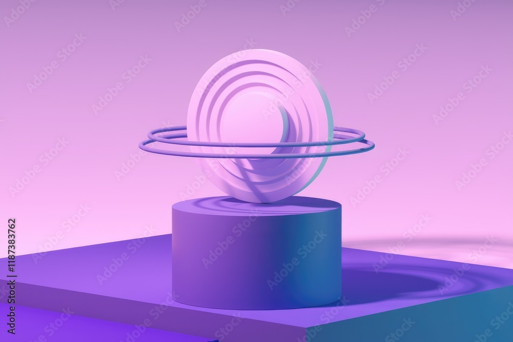 Poster Abstract 3D render of concentric circles on a purple platform, showcasing vibrant color gradients and geometric shapes.