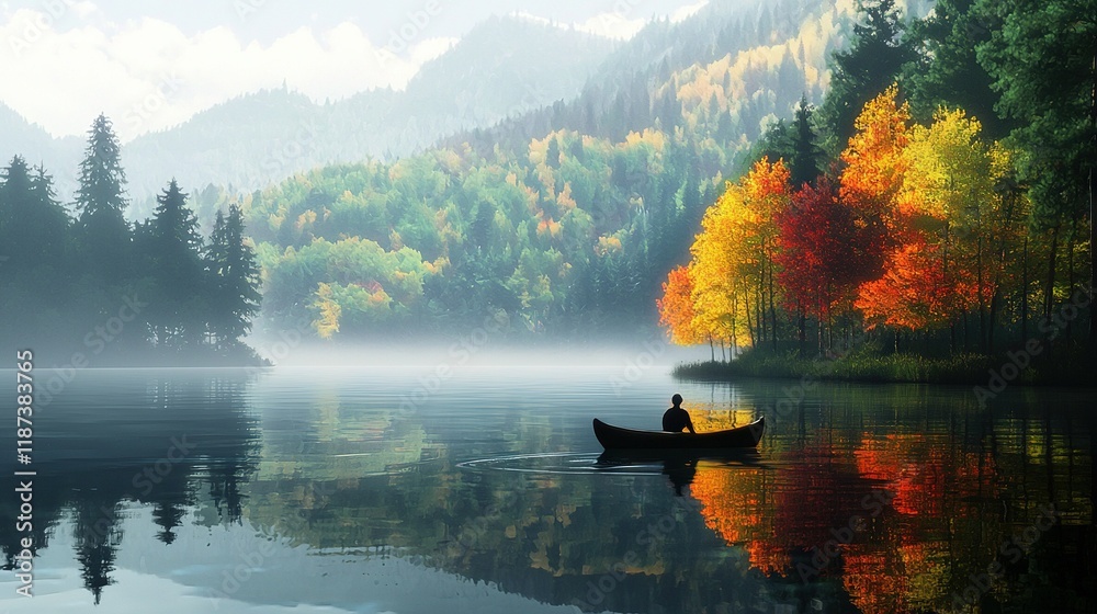 Poster   A man is seen sitting in a boat amidst trees and misty autumn day, while the backdrop displays a majestic mountain range