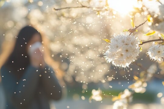 Blossoming tree with pollen and woman sneezing in spring.