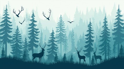 Obraz premium A pair of deer standing in a lush forest surrounded by towering pine trees