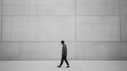Man walking alone in front of a large concrete wall.