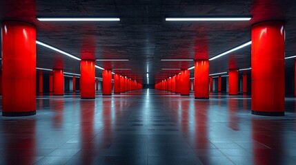 Red columns in a futuristic, reflective underground hallway.