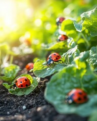Obraz premium Ladybugs crawling on fresh lettuce leaves in golden sunlight.