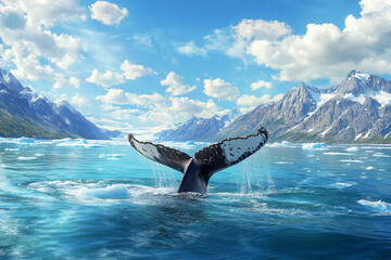 Fototapeta premium A whale dives off coast of Greenland, surrounded by icy waters, with a coastal landscape.