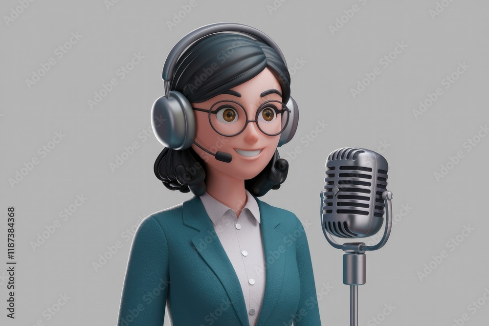 Poster a 3d animated female customer service representative with a headset and microphone.