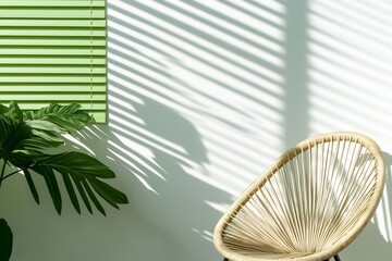 Sunlit room, wicker chair, green blinds, plant, shadows