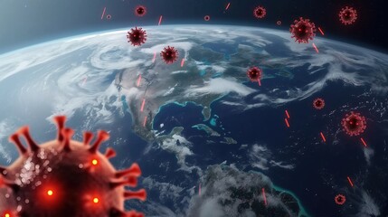 Global Pandemic Simulation Map with Bioluminescent Viruses, Spreading Rapidly, Vector Illustration of IT Network Connection