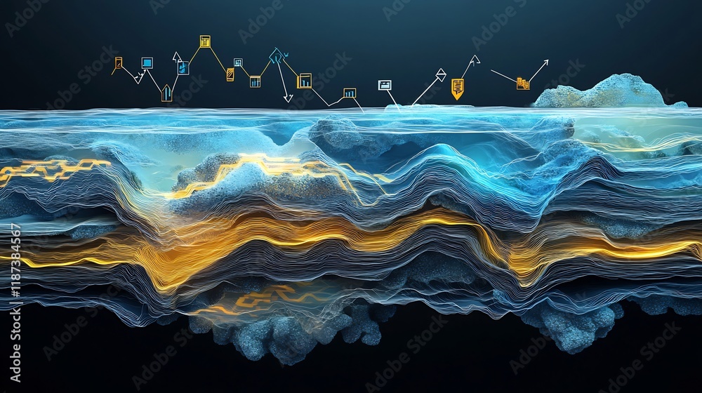 Poster Artistic visualization of financial risk interconnected layer symbolic arrow representing mitigation strategy