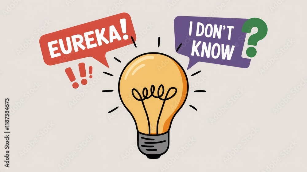 Leinwandbilder a lightbulb with speech bubbles showing 'eureka!' and 'i don't know', representing the contrast betw