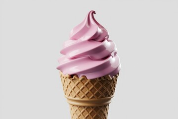 A delectable pink swirl of soft-serve ice cream in a crispy waffle cone.