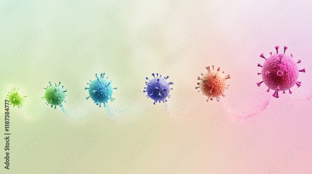 Poster progression of virus forms showcasing transition from simple to complex structures in a colorful dis
