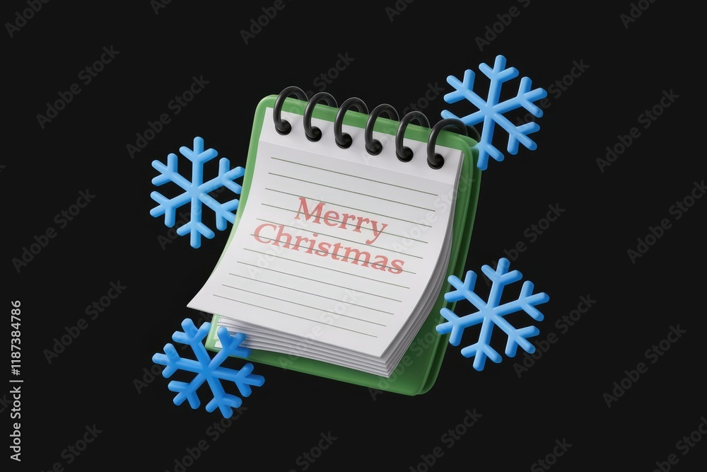 Poster merry christmas message on a notepad surrounded by snowflakes.