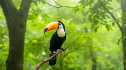 Fototapeta premium Toucan on a branch, iridescent colors under soft light. Diffused shadows, subtle illumination, iridescent reflections on the beak and feathers. Lush green forest background