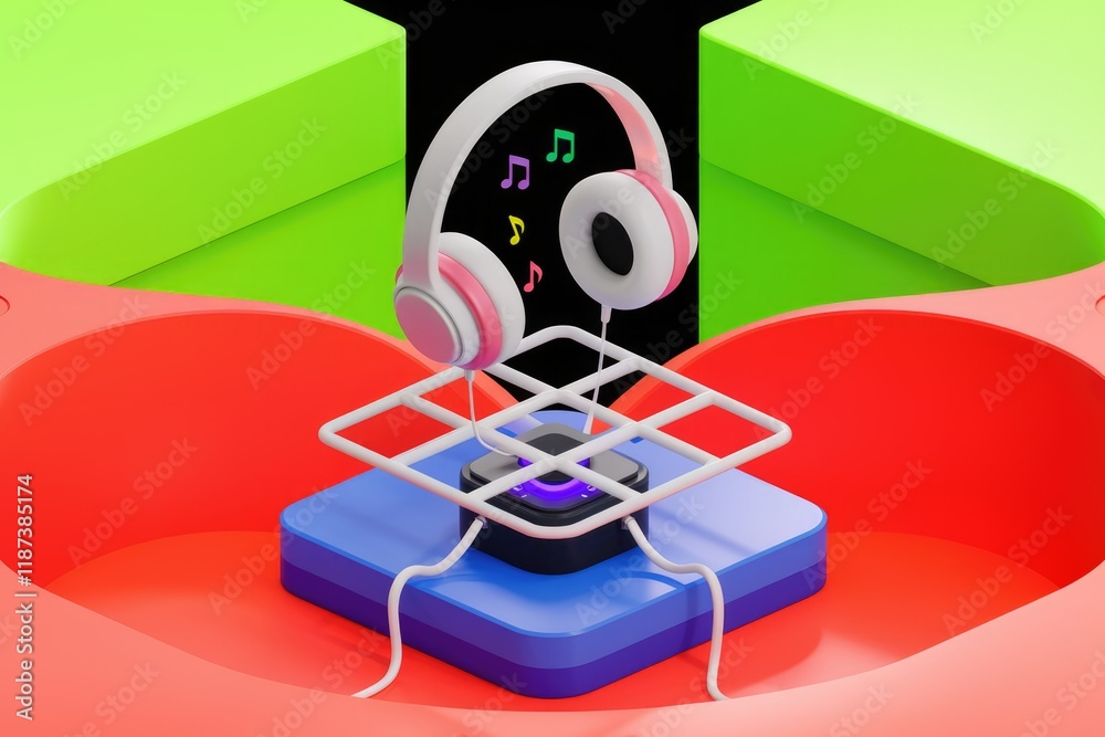 Poster 3d render of headphones on a colorful platform, suggesting music streaming or audio device.